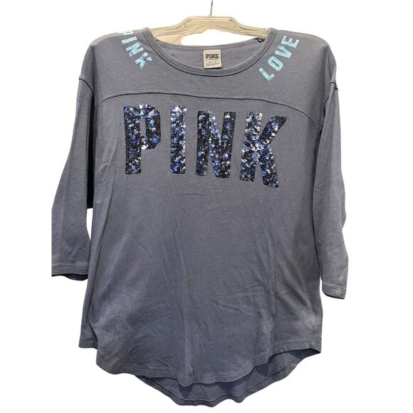 Victoria's Secret Tops - Victorias Secret Pink Love Sequin Logo Gray 3/4 Sleeve Tee XS 100% Cotton